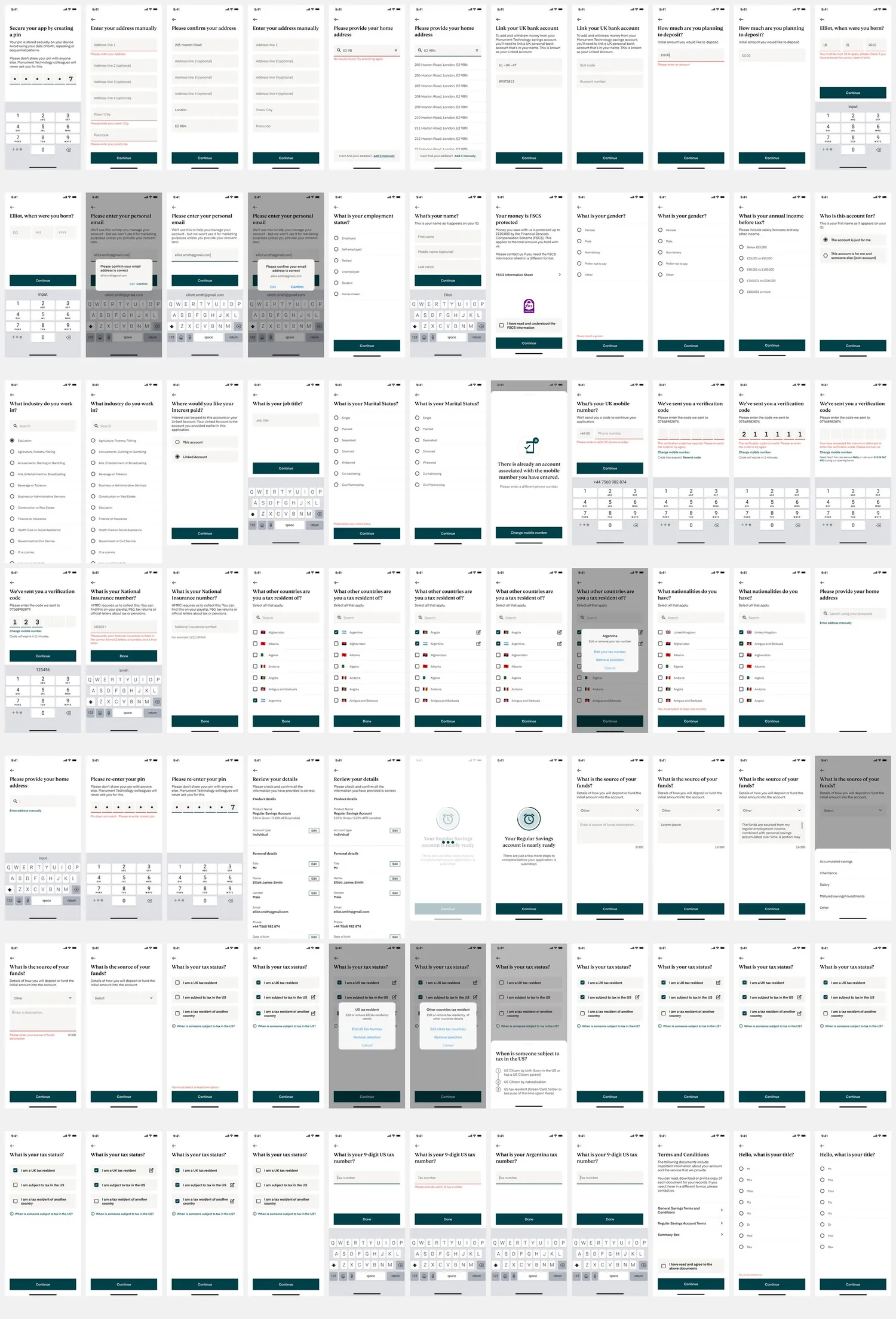Every screen in the registration stage laid out in a grid