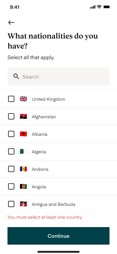 You must select at least one country.