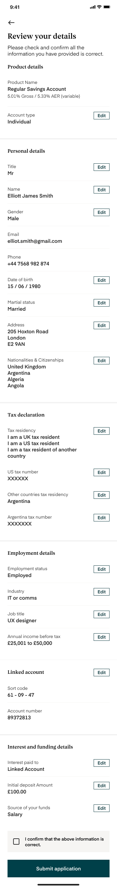 Review your details, one long editable screen